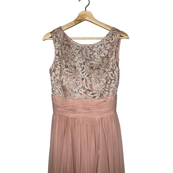 Eliza J Lace Bodice Chiffon Ruffle Tiered Maxi Gown in Blush Pink Size 4 - Picture 4 of 12